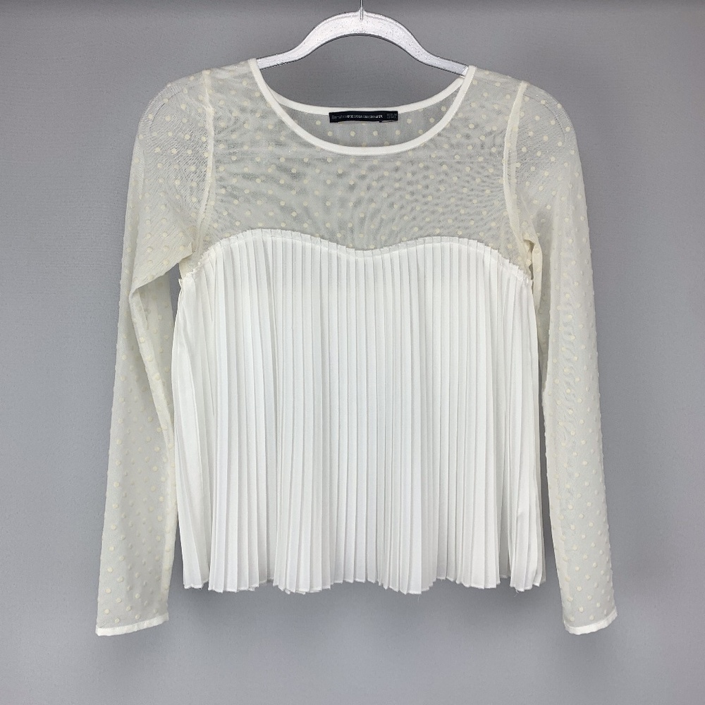 BERSHKA The Special Collection White Pleated Chiffon Sheer Blouse Medium